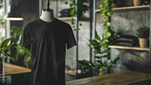 Minimal black shirt mock up showcased in a modern natural setting for versatile design presentation