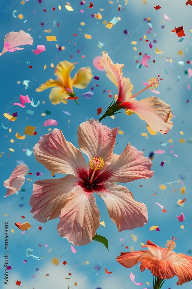 Fototapeta premium colorful hibiscus flowers flying with confetti against blue sky background for AAPI month