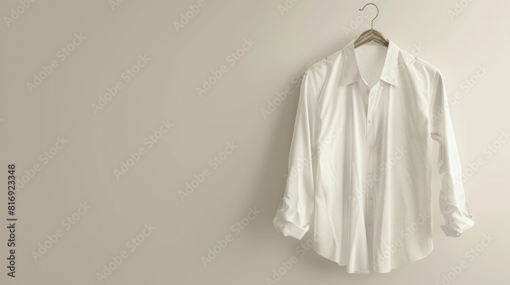 Crisp White Shirt Draped Elegantly on Hanger Against Neutral Backdrop for Fashion Photography E commerce and Advertising Crisp White Shirt Draped Elegantly on Hanger Against Neutral Backdrop for Fashion Photography E commerce and Advertising