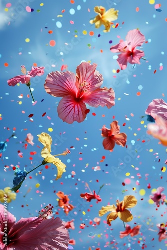 colorful hibiscus flowers flying with confetti against blue sky background for AAPI month