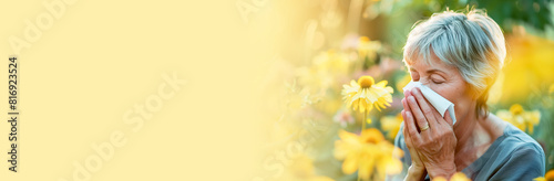 A gray-haired elderly woman sneezes into a paper napkin while standing next to flowering trees. She has a seasonal pollen allergy that causes sneezing, itchy nose and watery eyes. Banner. photo