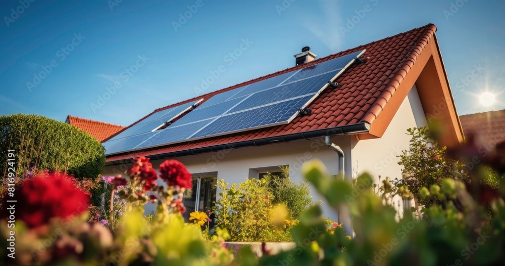 Solar panels on the roof against a blue sky, a house with a red tile roof and a green garden Solar panels on the roof against a blue sky, a house with a red tile roof and a green garden