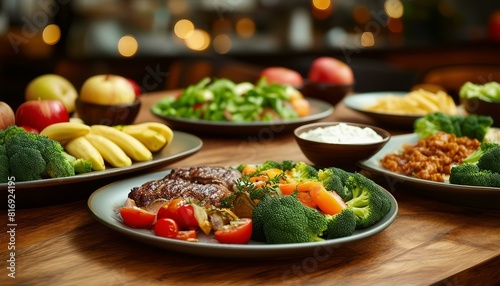 A wooden dinner table displays four plates of assorted vegetables and meat, accompanied by bowls of bananas and apples. Broccoli, in different sizes, enhances the nutritious spread. photo