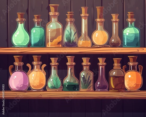 Sleek potion bottles in a modern pharmacy flat design front view ancient remedies today theme animation Analogous Color Scheme photo