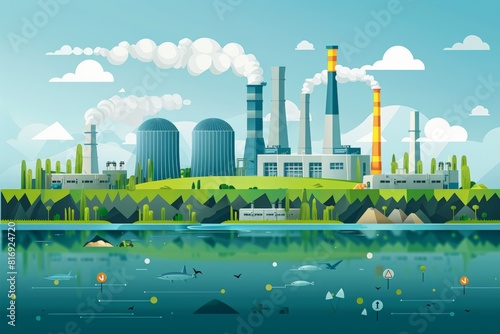 llustrative depiction futuristic industrial plant set against lush green landscape clean energy themes. Plant features multiple smokestacks domed structures, emitting steam. photo
