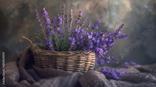 Lavender bouquet in a wicker basket for spa or wedding designs