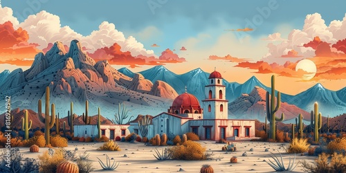 Surreal vector illustration of the Mexican desert with cacti, mountains and buildings in bold flat colors, vibrant geometric shapes, whimsical design, warm sunlight casting long shadows