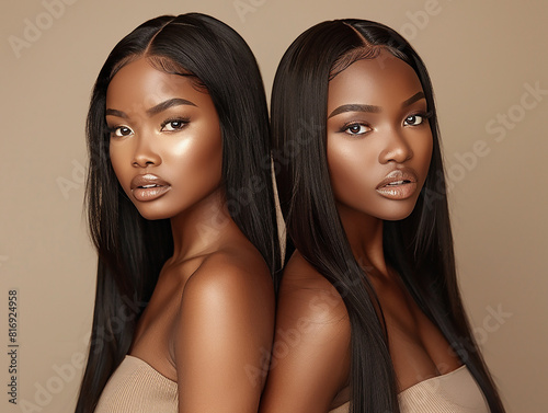 A professional photography of two beautiful black women with long black hair extensions, black women models, beauty concept