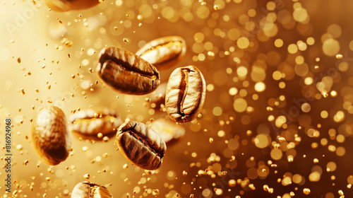 A close-up shot of coffee beans in mid-air with a yellowish bokeh background, highlighting their texture and freshness. photo