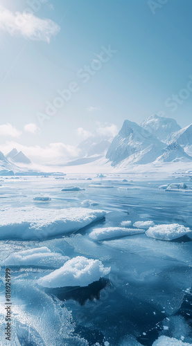 Arctic tundra with ice fragments in water - This stark Arctic landscape features ice fragments floating in cold water under the bright sun, with mountains behind