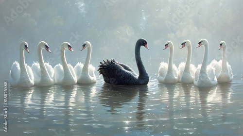 Fototapeta Naklejka Na Ścianę i Meble -  A black swan among a group of white swans on a tranquil lake