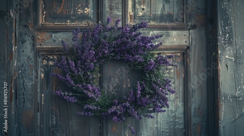 Lavender wreath on a rustic wooden door for home decor or wedding design