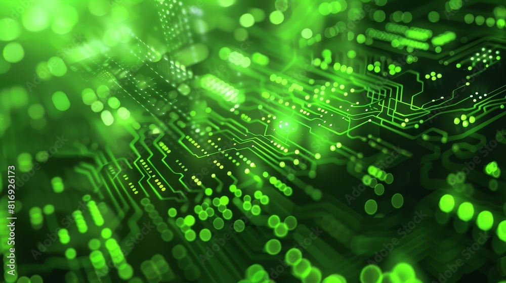 Close-up of a green circuit board - Illuminated pathways on a green circuit board, symbolizing technology and data Close-up of a green circuit board - Illuminated pathways on a green circuit board, symbolizing technology and data