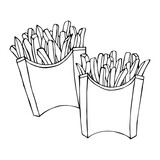 Fast food. French fries drawings. Illustration of French fries in a cardboard package, delicious popular food, vector image. Stylized images of food from fast food restaurants