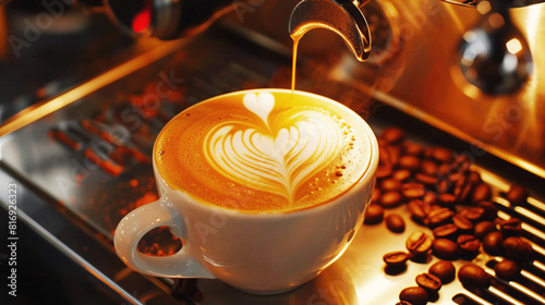 A close-up shot of a cappuccino with latte art in a white cup  being prepared by an espresso machine  surrounded by coffee beans.