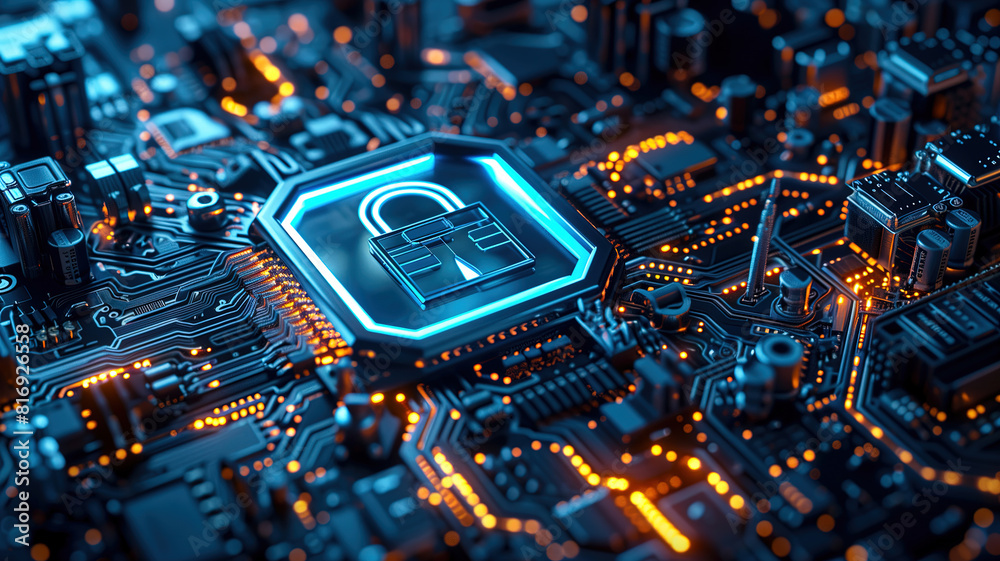 A close-up view of a circuit board with a glowing padlock icon, symbolizing cybersecurity and data protection. A close-up view of a circuit board with a glowing padlock icon, symbolizing cybersecurity and data protection.