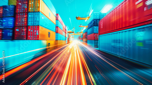 Dynamic long exposure shot of a shipping container yard with colorful stacked containers on both sides and streaks of lights suggesting movement and speed.