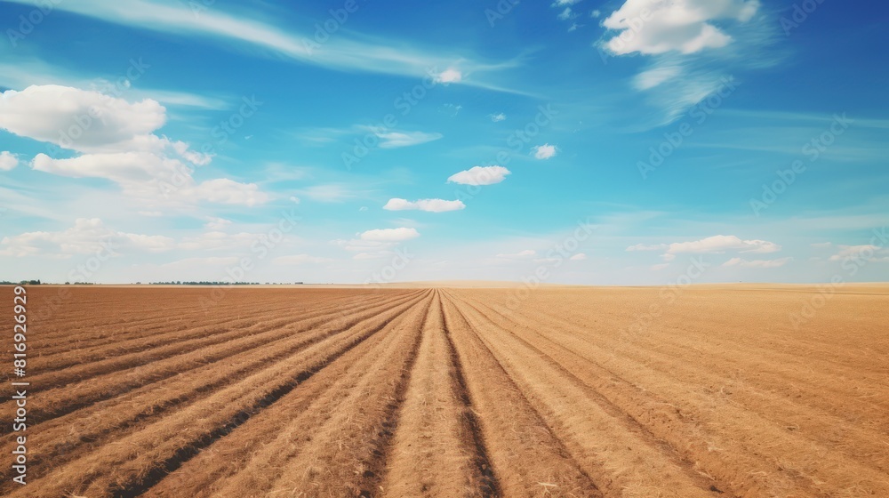 A picturesque capture of a newly plowed farm field beneath a clear blue sky. A picturesque capture of a newly plowed farm field beneath a clear blue sky.