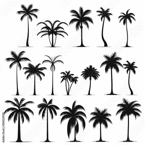 Collection of black palm tree illustrations on a white background.