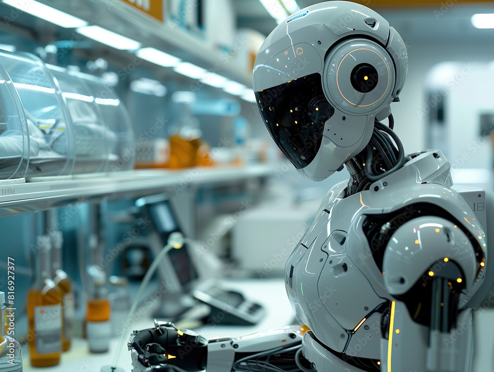Robot Working in High-Tech Laboratory. A humanoid robot performs tasks in a futuristic lab, highlighting advanced technology and automation in scientific research. Robot Working in High-Tech Laboratory. A humanoid robot performs tasks in a futuristic lab, highlighting advanced technology and automation in scientific research.