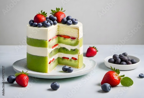 Vibrant fruit cake with fresh berries and kiwi, layered with white cream and adorned with an assortment of fruits, creating a visually appealing contrast, Generative AI.