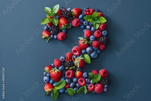 Fresh mixed berries arranged in numeral '2' on a dark blue background. Flat lay composition with copy space. Healthy eating and nutrition concept.