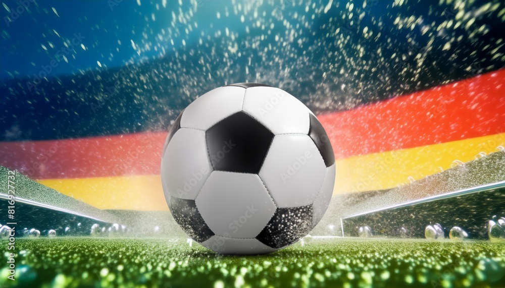 Naklejka premium Football cup, soccer ball and german flag in a european sports stadium. 