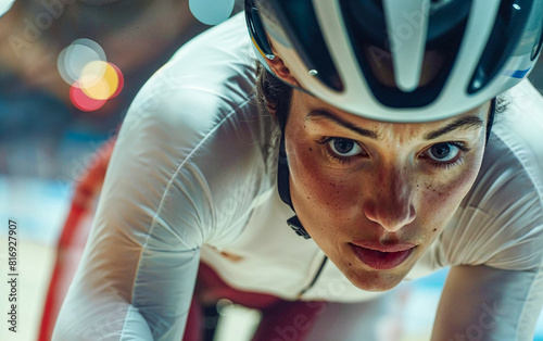 Close-up of a professional cyclist woman competing in a speed race in the velodrome at the Olympics