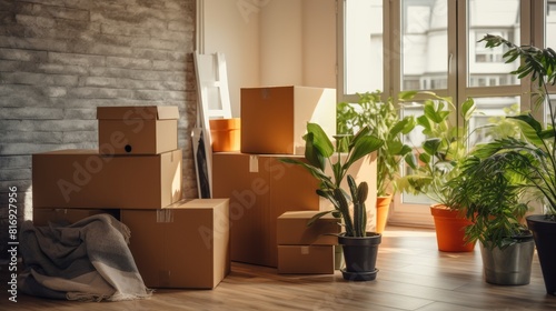 Stack of cardboard boxes with household belongings and potted home plants  © Media Srock