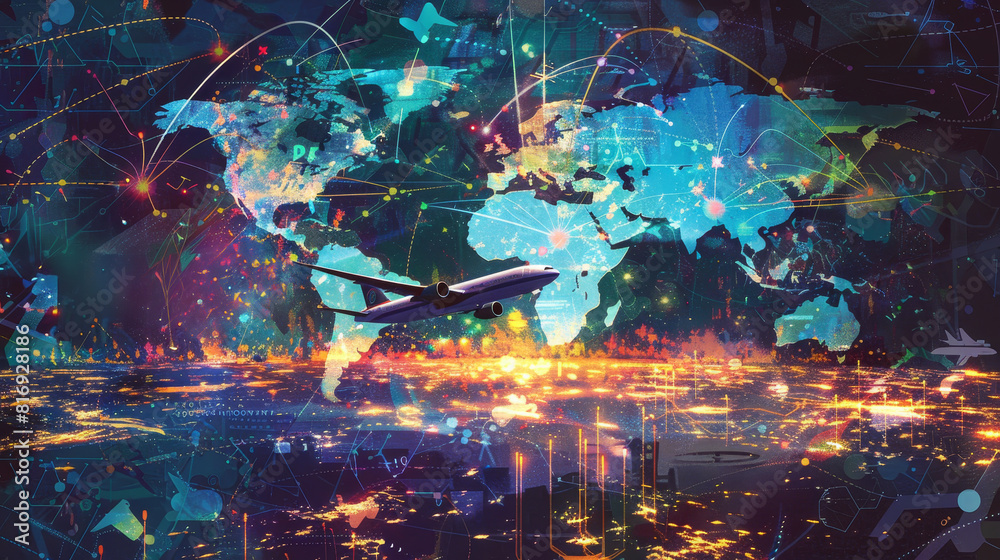 Vibrant digital artwork of global air travel - This image illustrates a ...
