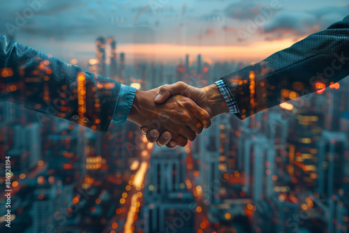 Businessmen handshake on an abstract background corporate skyscrapers at sunset, double exposure. Partnership, success, deal, agreement, cooperation, business contract concept, 3D render photo