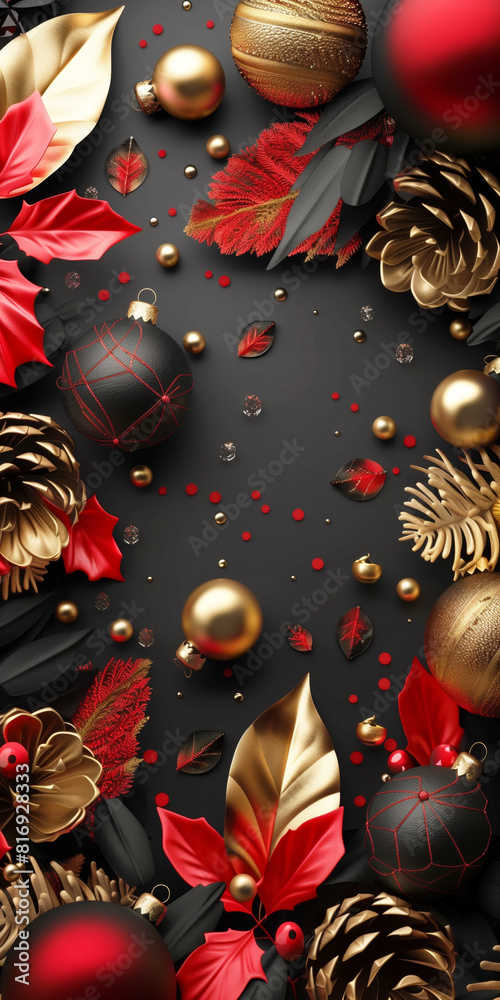 Naklejka premium Elegant Christmas holiday decorations with red, black, and gold ornaments, pinecones, and festive leaves arranged on a dark background.