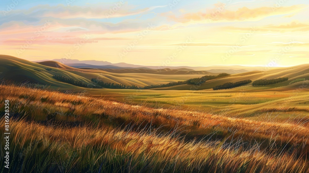 Fototapeta premium Sunset over golden wheat fields painting - This landscape painting features rolling hills of golden wheat fields bathed in the warm, golden light of a setting sun