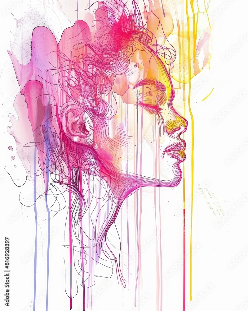Fototapeta premium Vibrant abstract female outline illustration - This piece features an outlined female figure against a splash of vibrant colors in an abstract style
