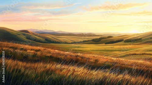 Sunset over golden wheat fields painting - This landscape painting features rolling hills of golden wheat fields bathed in the warm  golden light of a setting sun