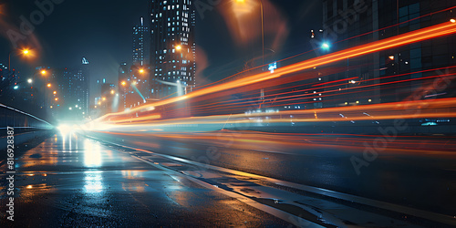 Blurry light trails in a nighttime cityscape, ideal for car advertisements or urban lifestyle products