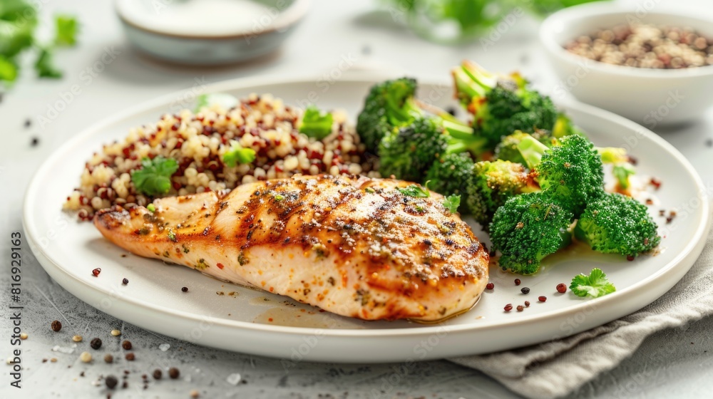 Healthy Grilled Chicken Breast with Quinoa and Broccoli on Plate Healthy Grilled Chicken Breast with Quinoa and Broccoli on Plate