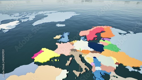 Modellazione 3D e video di mappa Terra con  bandiera Italia al vento photo