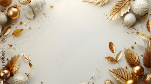 Festive frame with gold and white Christmas ornaments, including baubles, leaves, and branches, arranged on a light background with ample copy space in the center. photo