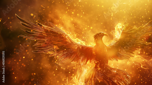 Phoenix pássaro fogo fantasia firebird abstrato mágico animal águia 3D. Phoenix pássaro conto de fogo personagem ilustração render falcão asas de fada gráfico pena ouro fundo fenix logotipo ícone arte photo