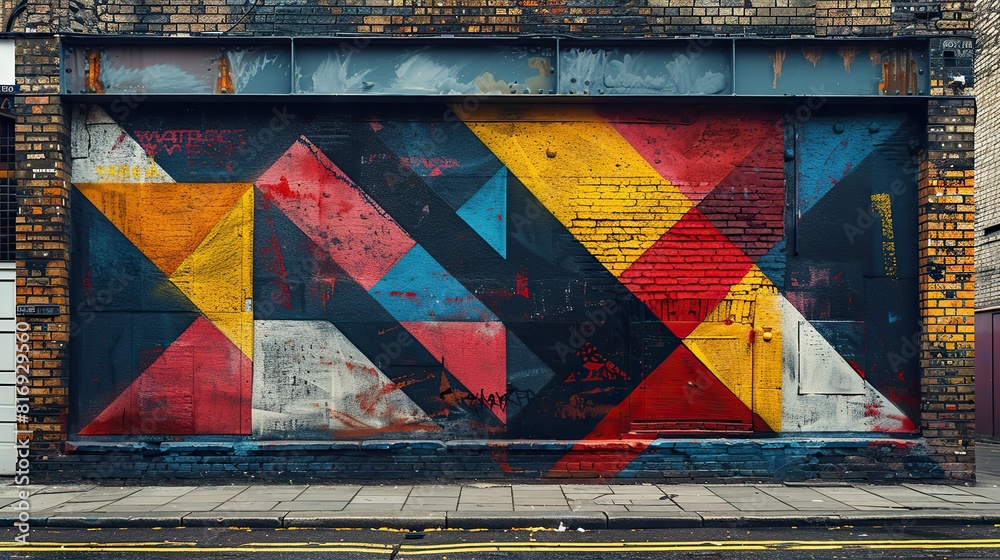 Naklejka premium brick wall with a piece of street art that has been used as a marketing tool or advertising campaign, highlighting the commercialization of street art.stock image