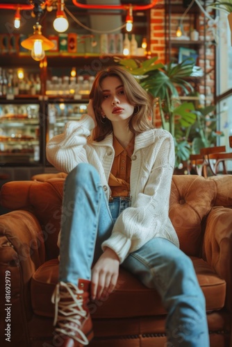 Stylish Young Woman Lounging in Cozy Cafe Environment
