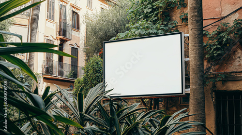 Mockup Placa de outdoor de forma retangular vazia perto de edifícios antigos em estilo mediterrâneo, no ambiente da cidade velha. Quadro em branco com padrão espanhol para publicidade ou informação photo