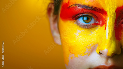 Rosto de mulher com cores pintadas da bandeira espanhola. Sinal de Espanha, amor, patriotismo, fã de esporte, apoio à equipe esportiva photo