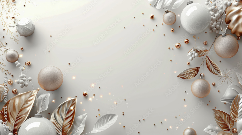 Fototapeta premium Elegant Christmas border with white and gold ornaments, metallic leaves, and baubles on a light background with scattered golden beads and sparkling lights.