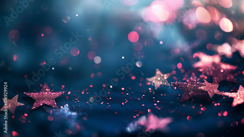 Abstrato de Natal com espaço de cópia para produto ou texto. Pequenas estrelas brilhantes prateadas rosa sobre fundo azul marinho com bokeh