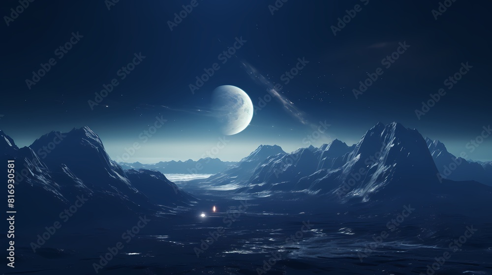 Fototapeta premium Digital technology blue silver mountains and planet landscape poster background