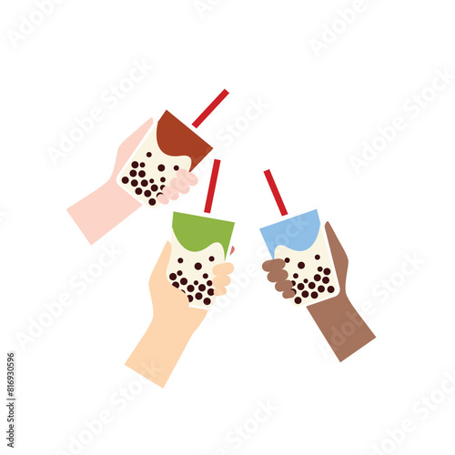 Hands holding bubble tea cups with tapioca pearls. Boba tea. Summer cold drink. Hand drawn vector illustration