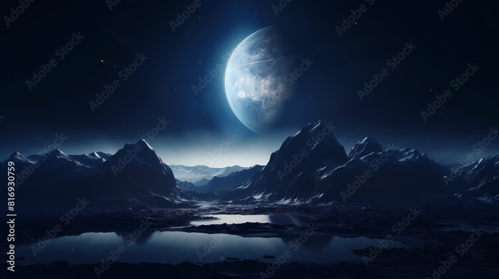 Digital technology blue silver mountains and planet landscape poster background Digital technology blue silver mountains and planet landscape poster background