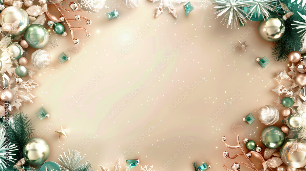 Elegant Christmas background with gold, silver, and turquoise ornaments, pine branches, and snowflakes arranged around a light beige center space.